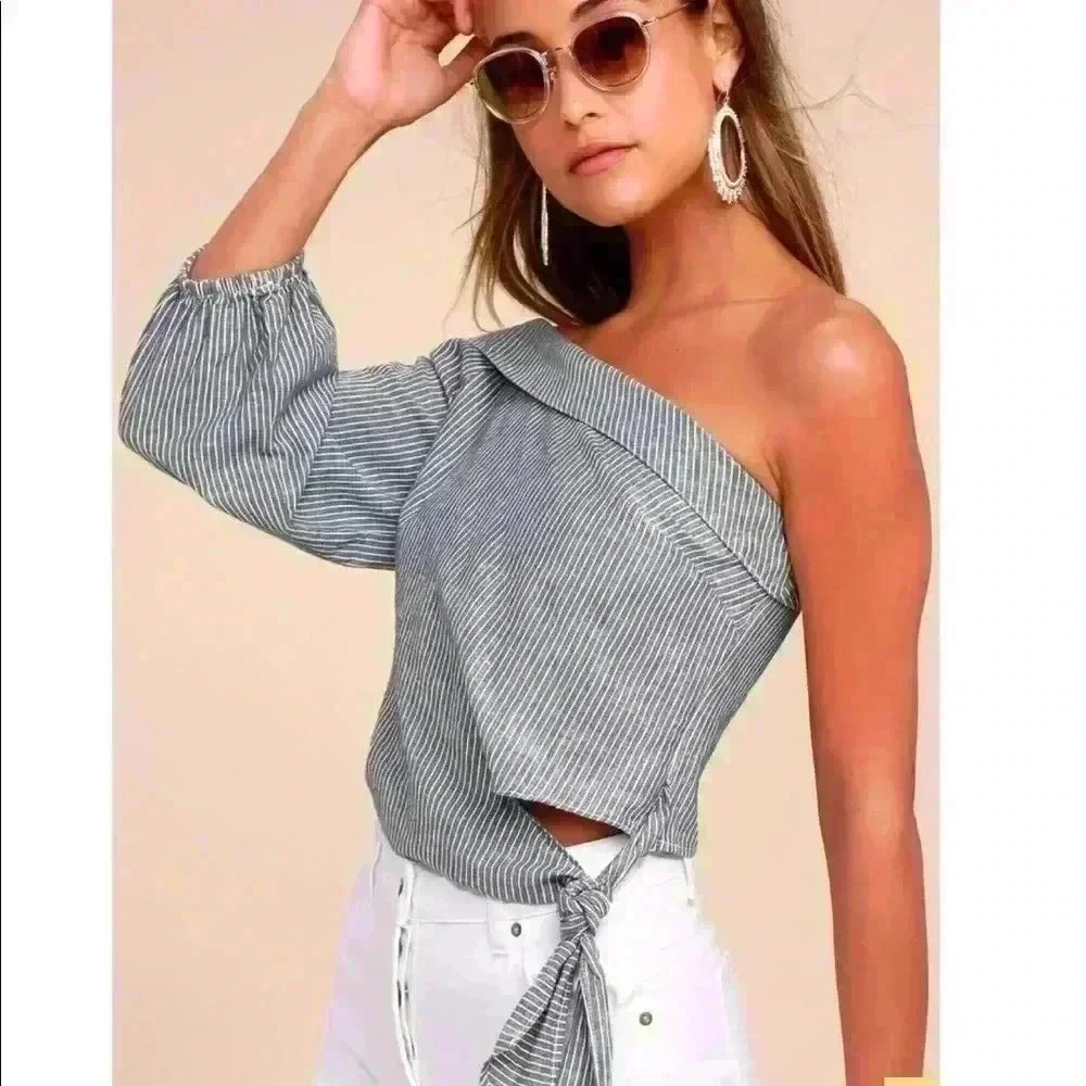 Free People Blue Striped One Shoulder Crop Top